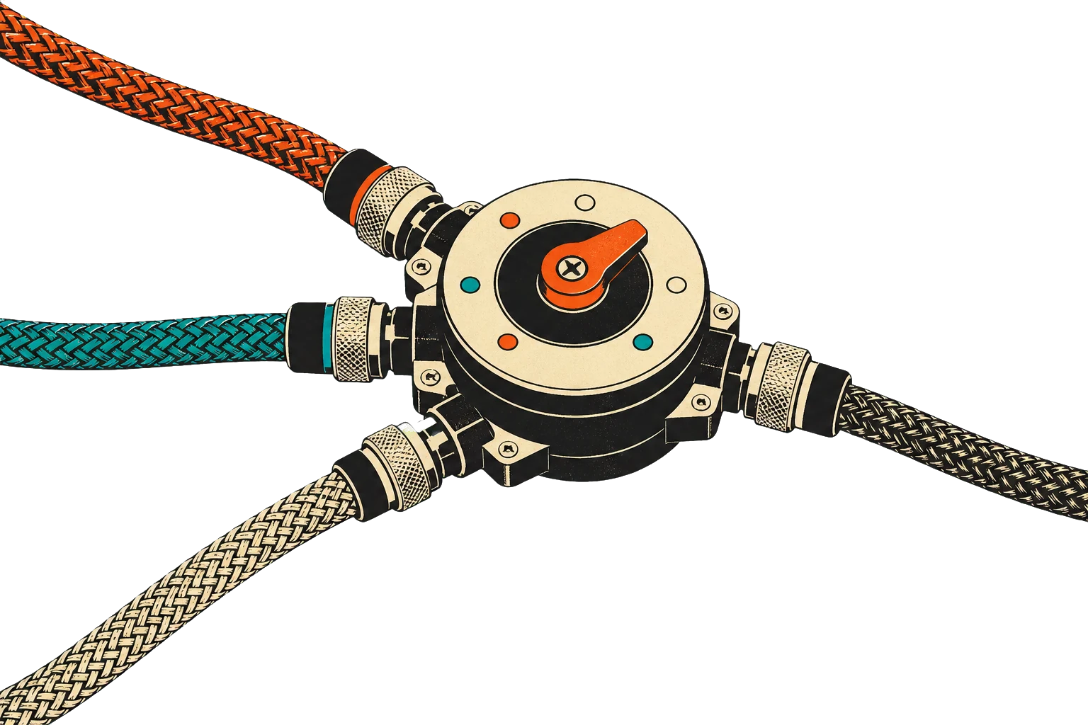 Four braided cords connected to an industrial selector switch
